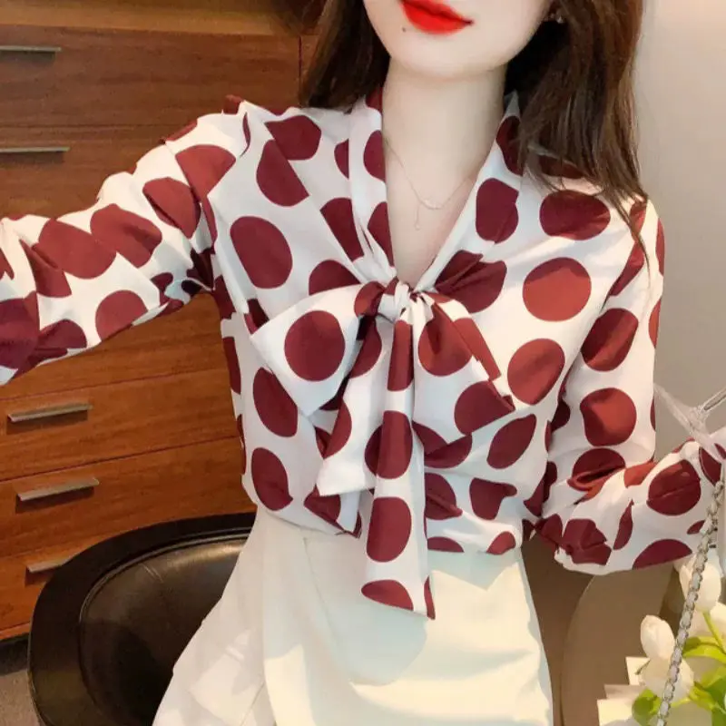 Printing Chiffon Bow Blouse Spring New Long Sleeve Polka Dot Loose All-match Office Shirt Tops Elegant Temperament Women Clothes