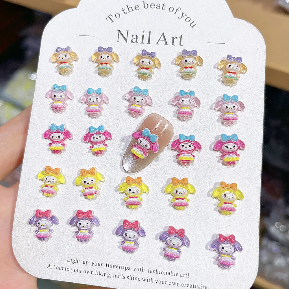 100Pcs Cute My Melody Dress Nail Charms with Bow 3D Resin Nail Art Adorable Cartoon Press-On Nail Decor for DIY Kawaii Manicures