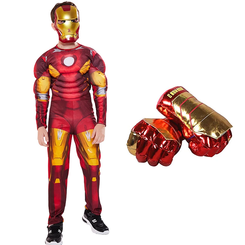 Childen Iron Man Muscle Costume for Kids Superhero Iron Man Cosplay Costume Jumpsuit Mask Gloves Suit Halloween Costume Child