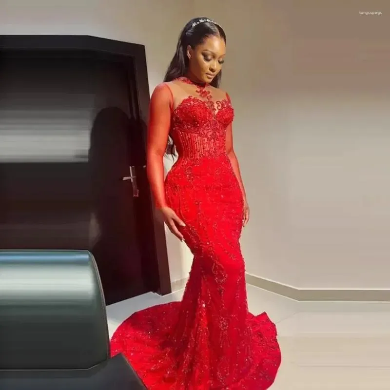 

Vinca Sunny Customized Sexy Red Mermaid Prom Dresess For African Women Long Sleeves Lace Party Evening Gowns Vestido De Fiesta