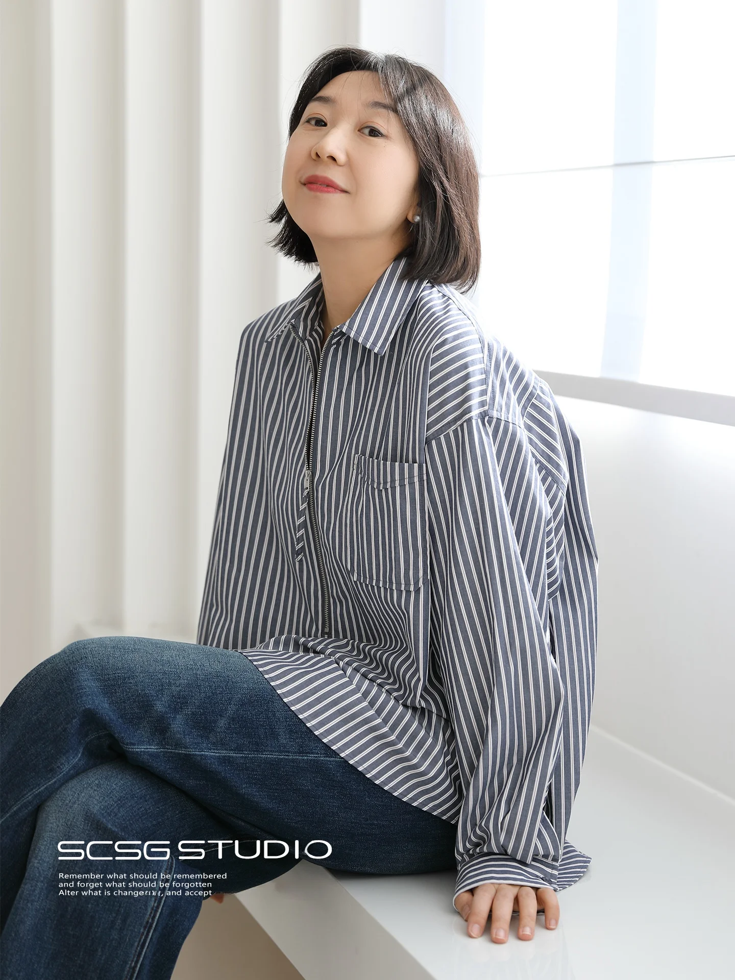 

Loose Fit Striped irt Casual Long Sve Zipper Collar Women's Comfortable Cotton Blend Spring Faion Slimming Effect