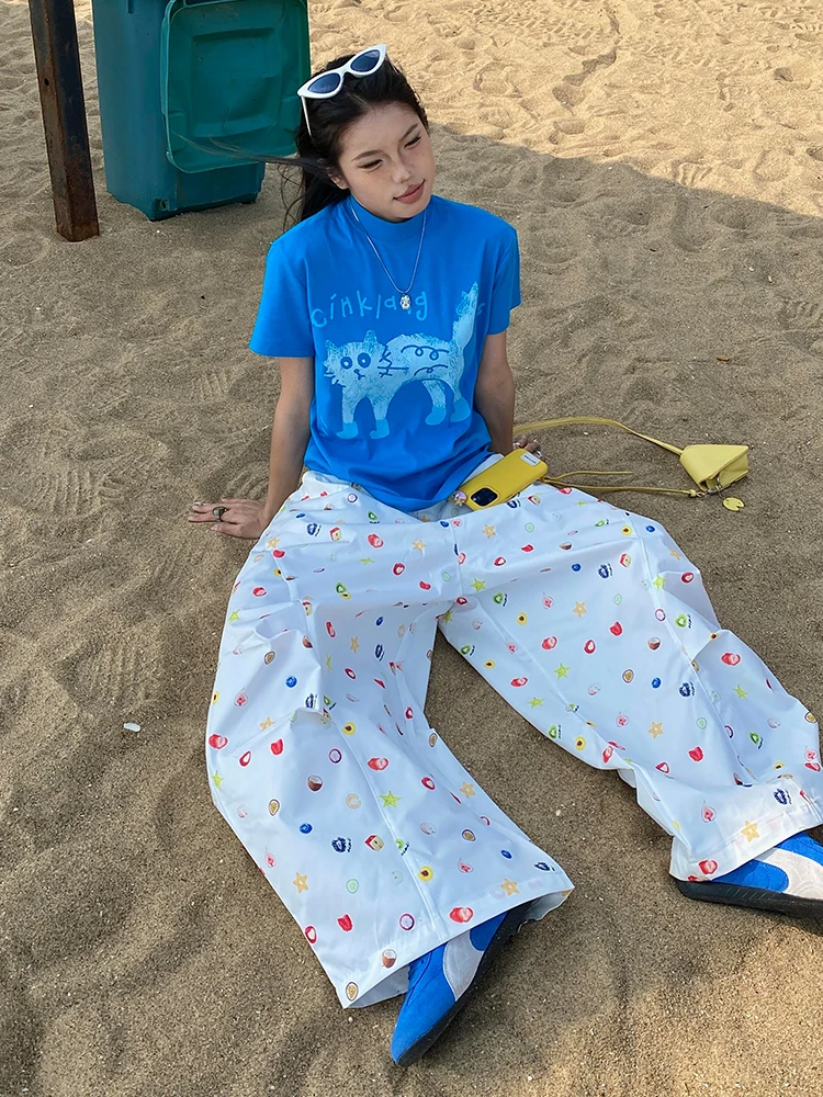 

Short Sleeve T-Shirt Women's Pullover Blue Shoulder SpringSummer Cartoon Cat Print Slim Skinny Couple Top Fashion VersatileLoose