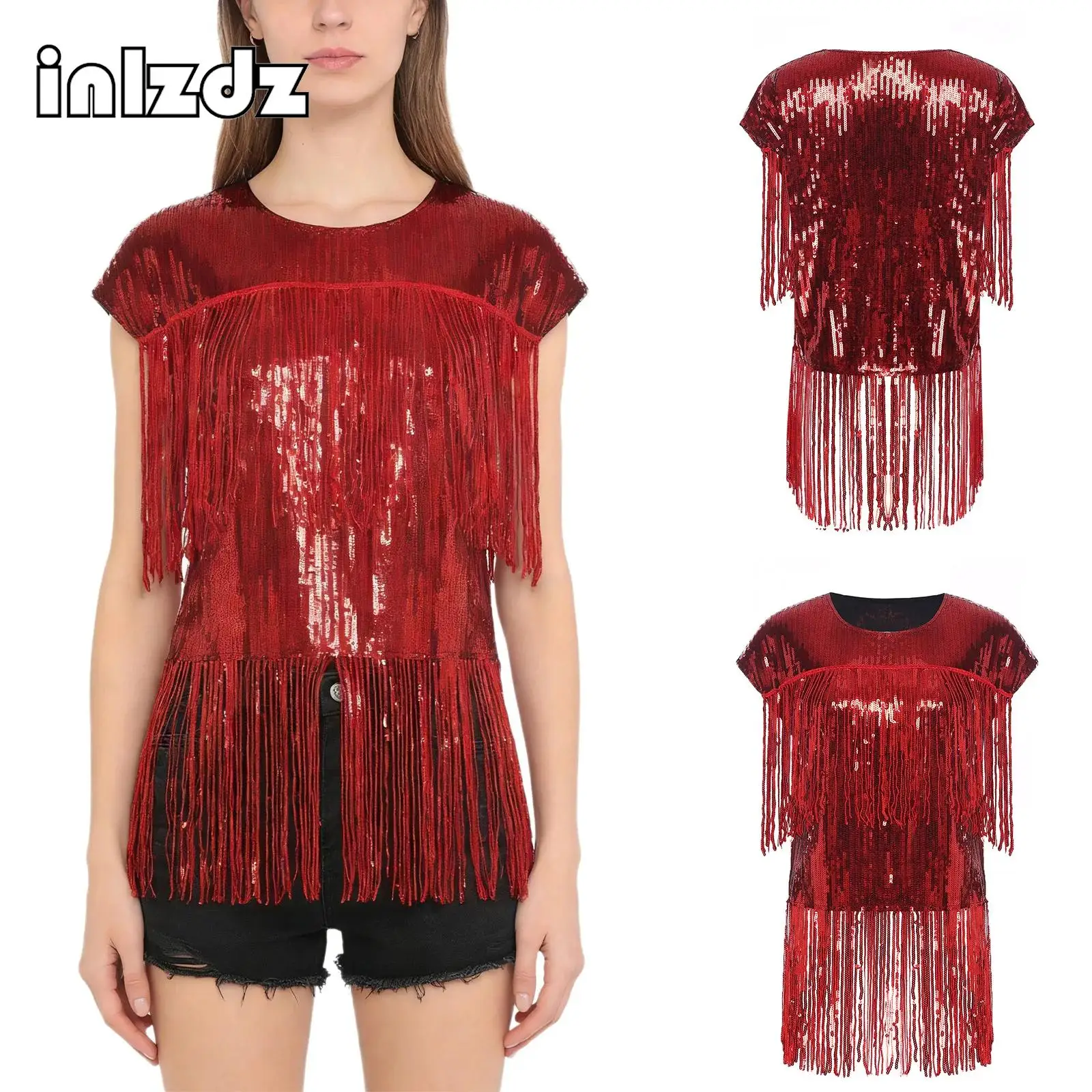 

Womens Glittery Fringe Jazz Hip Hop Dance Tops Cap Sleeve Tassel Fully Lined Loose Shirt Blouse Top for Holiday Stage T-shirt