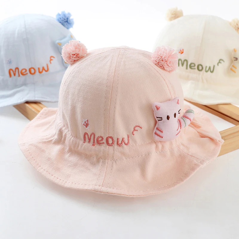Gorro de pescador con orejas de dibujos animados para niños, protector solar para bebé, sombrero de Sol para recién nacidos, algodón sólido, Viseras para exteriores, 3 a 12 meses