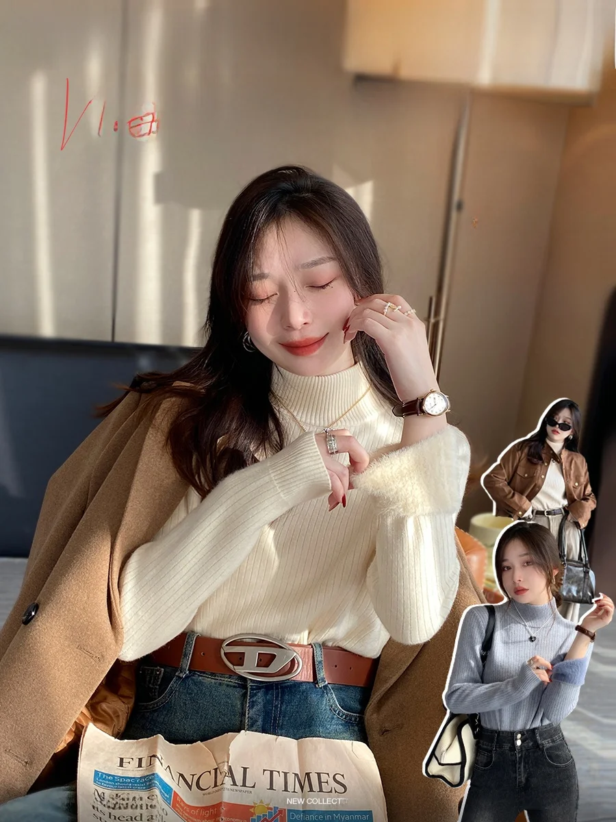 Cseta Interior de Terciopelo para Mujer, Forrada de Felpa, uesa, de Punto, para Otoño e Invierno, Cuello Medio Alto, de ...