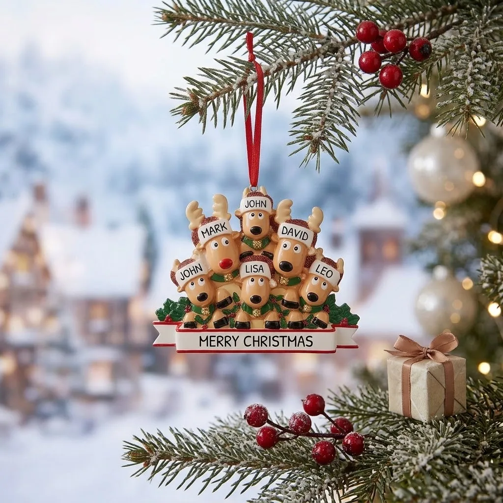 Custom Christmas Deer Family Ornament  Members Resin Hanging Pendant with Name Xmas Tree Decorations Cute Reindeer New Year Gift