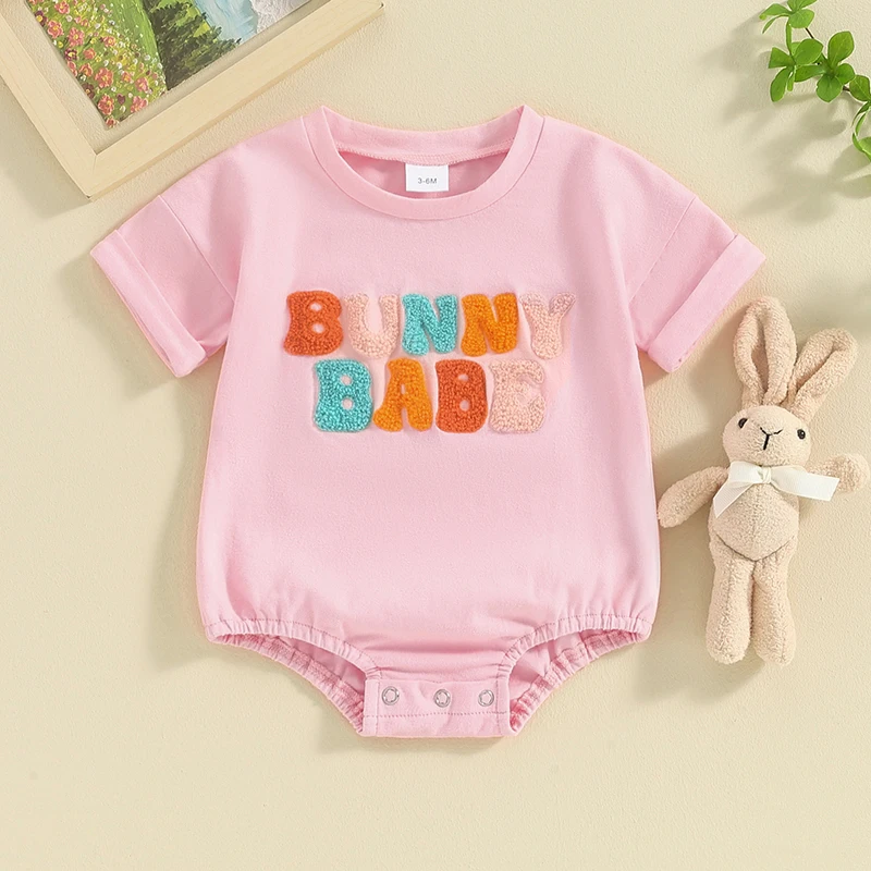 

Newborn Baby Easter Bubble Romper Hunny Bunny Embroidery Short Sleeve Oversized Bodysuit Jumpsuit Summer Clothes