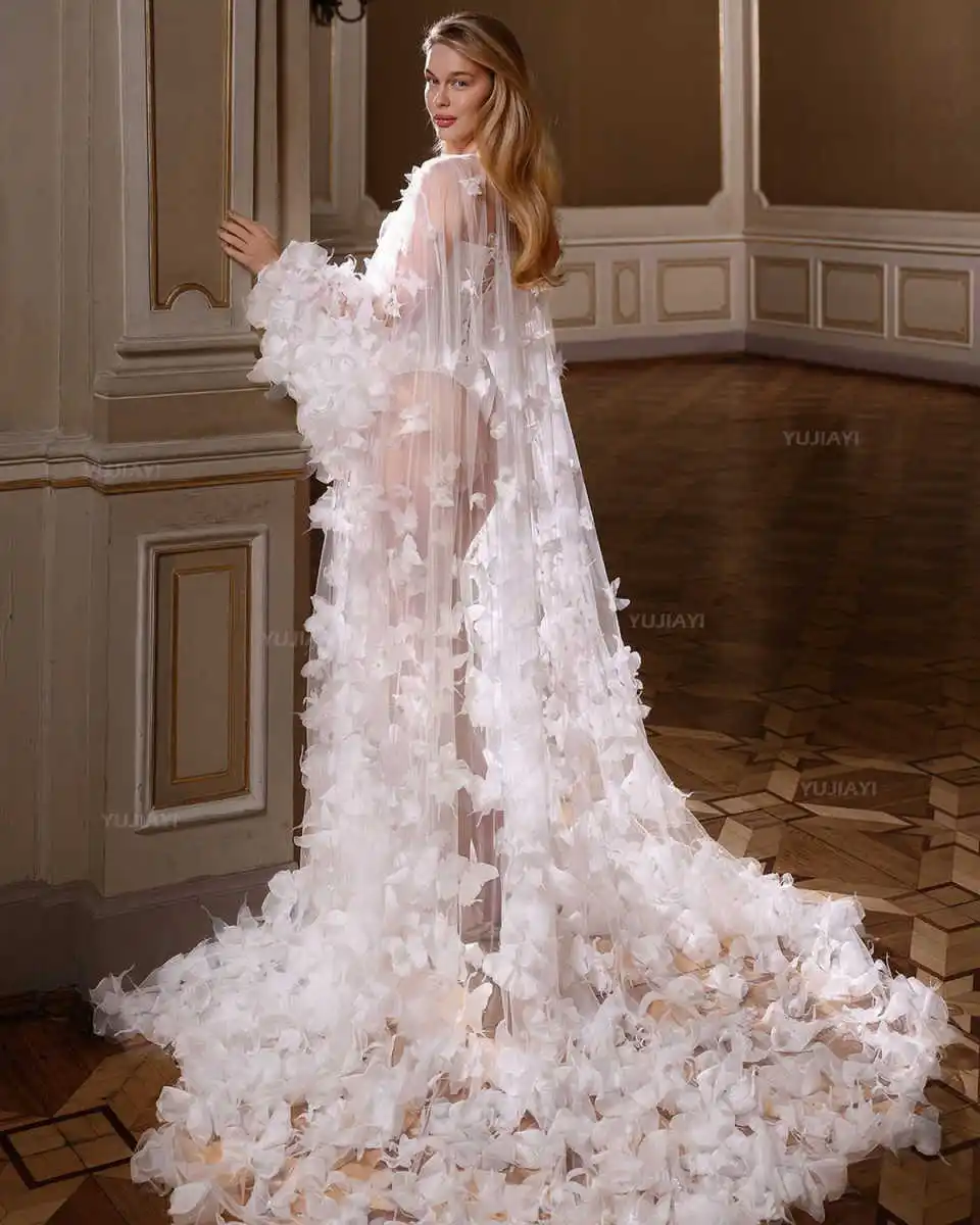 Robes de mariée blanches Tulle femmes Robe à la main papillon Applique Robe pure Maxi Robe de mariée Boudoir vêtements de nuit vêtements de nuit