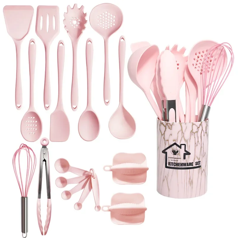 10/18Pcs Silicone Cooking Utensils Sets Pink Non-Stick Baking Tools Kitchenware Spatula Spoon Food Tongs Kitchen Kit with Box