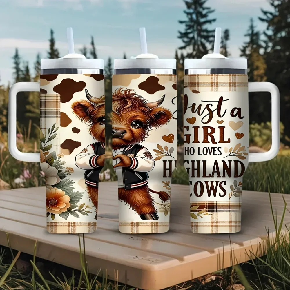 40Oz Tumbler with Handle, Just a Girl Who Loves Highland for cows Print, Suitable for Cow Lovers, Fits Hot And Cold Drinks, Great for Daily Use And Outdoor Activities