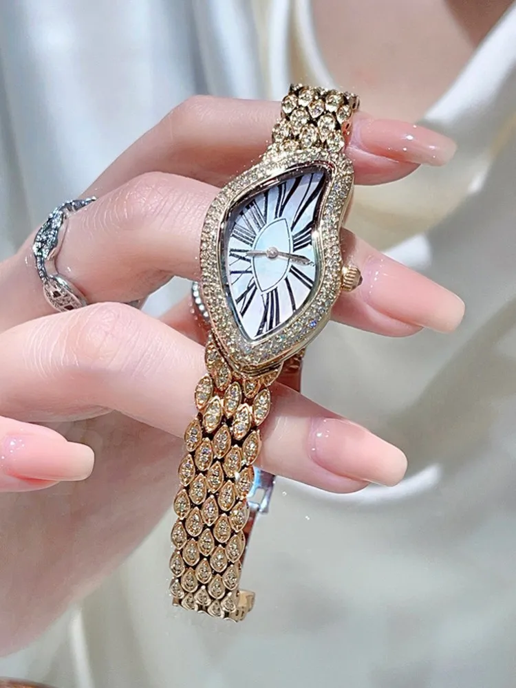 Casual Ladies Fashion Diamonds Watch Shiny Quartz Wristwatches Stainless Steel Elegant Womens Push Button Hidden Clasp Watches