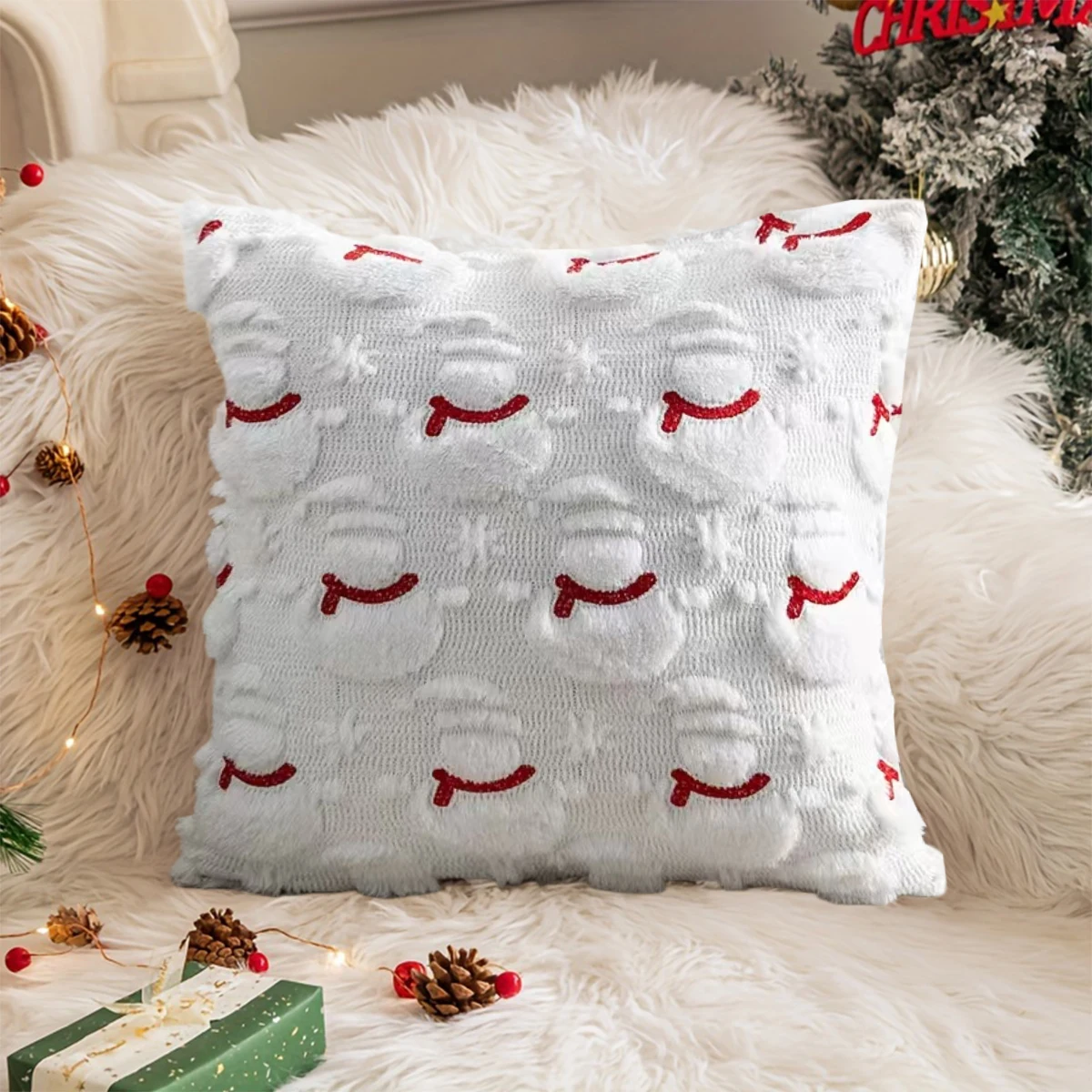 1pc Christmas decoration pillowcase 18x18 inches - imitation plush red and white snowman snowflake pattern, for winter home