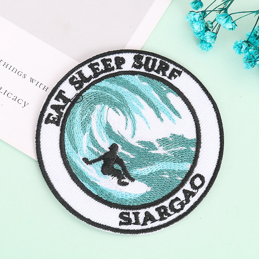 5pc 7cm Round Embroidery Badge Seaside Surf Dusk Coconut Tree Iron on Patch for Clothes Applique Armband Embellishment Accessory