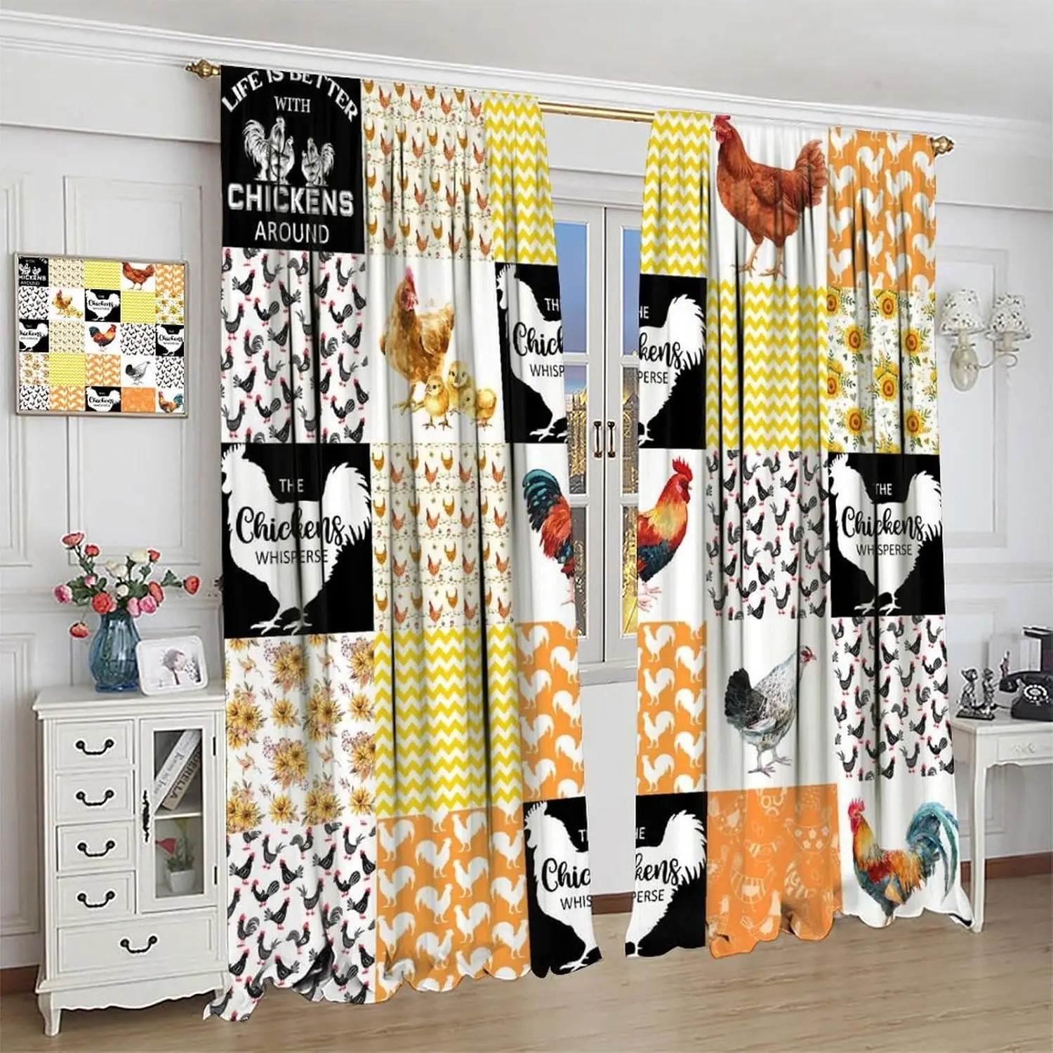 Farm Chicken Rooster Sunflower Chevron Patchwork Blackout Rod Pocket Curtain Country Farm Text Splicing Rustic Homestay Bedroom