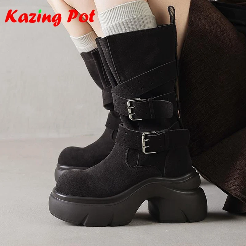 

Cow Suede Belt Buckle Thick High Heels Western Boots Warm Winter Autumn Shoes Platform Dating Dress Women Fashion Mid-calf Boots