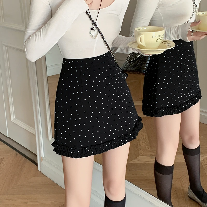 

Модная женская юбка в горошек, новая модель весна-лето, короткая юбка с отделкой, облегающая юбка А-силуэта, черная юбка-карандаш