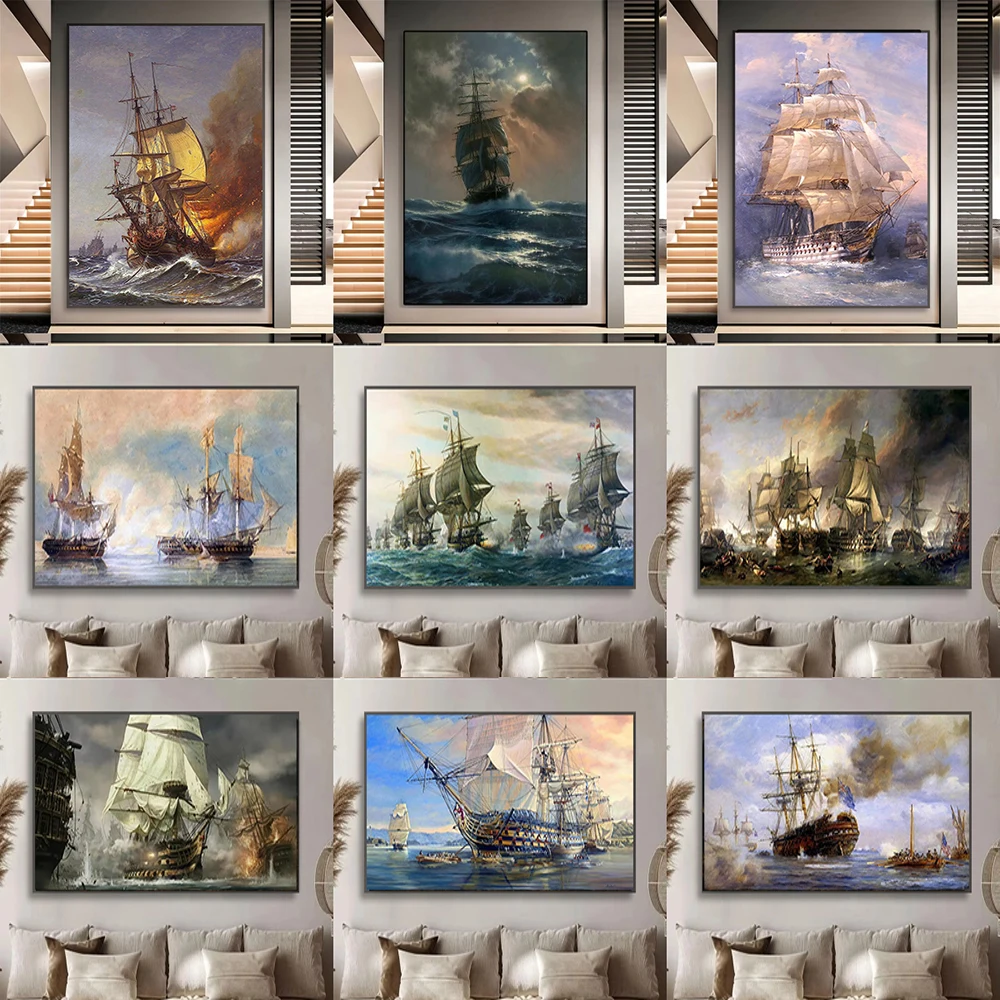 Pirate Ship Canvas Painting Wall Art Vintage Sailing Ships Poster Boating Ship Print Wall Art Picture for Living Room Home Decor