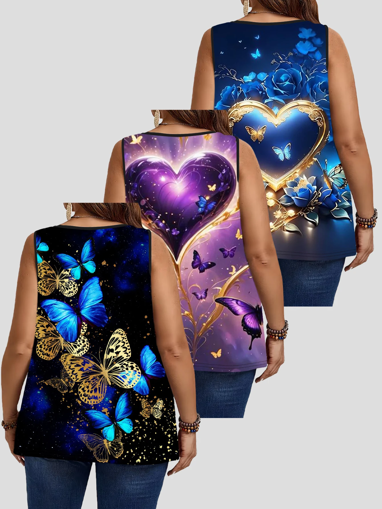 3-Piece Set of Large Size Sleeveless Vests with Gold-Printed Heart and Butterfly Designs, Round Neck, Ruched, Loose-Fitting Casual Outerwear
