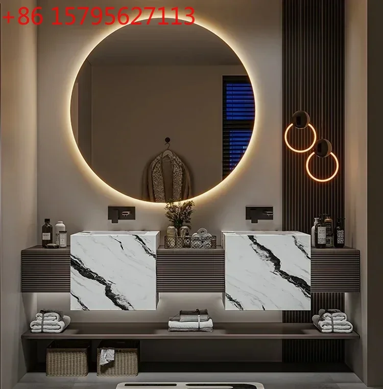 

Новый дизайнерский шкаф для ванной в стиле лайт-люкс, тумба для умывальника в гостиничном стиле, бесшовная интегрированная раковина из керамогранита, тумба с умывальником