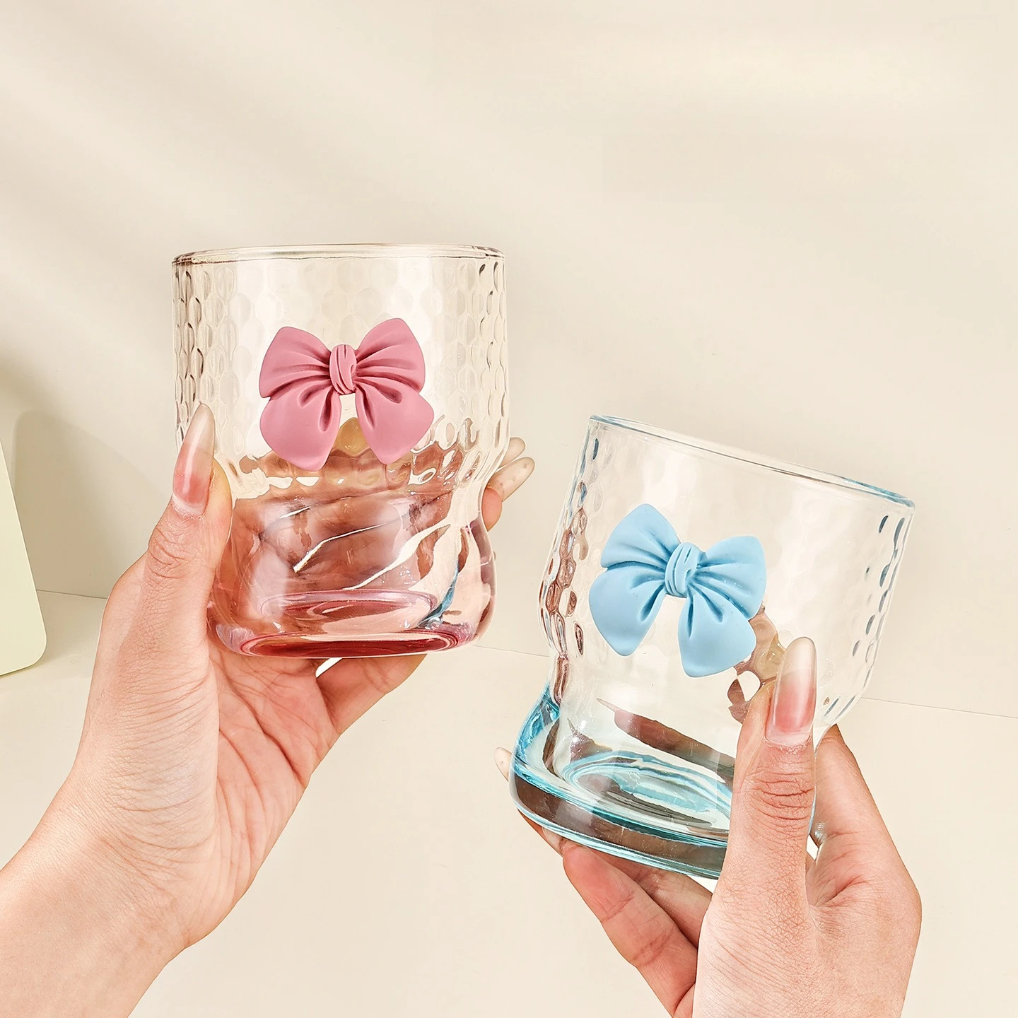 Bow Hammered Glass Cup High Value Creative Coffee Mug for Fruit Tea Milk Tea Drink