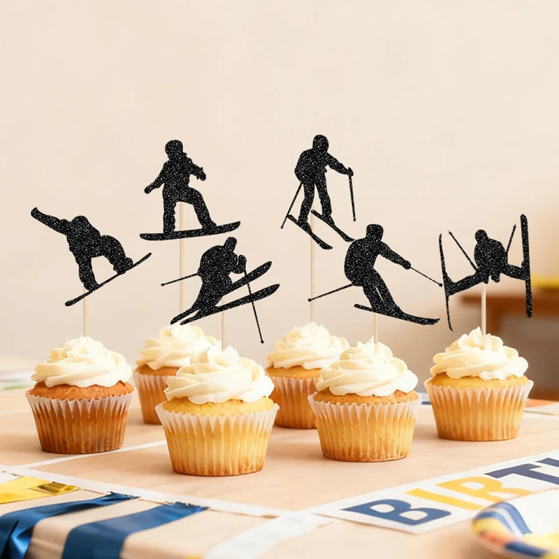 YOMDID 24 Stück Cupcake-Topper mit Ski-Thema, Silhouette, Skifahrer, Snowboarden, Cupcake-Topper, Picks für Winter-Kuchen-Dekorationen, Zubehör – Detail 1