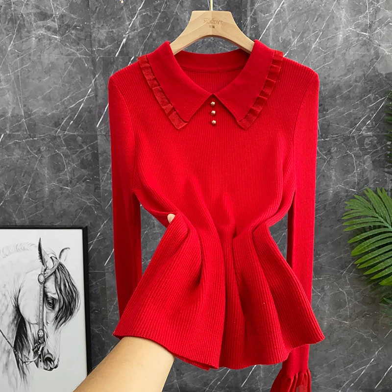 

Elegant Red Woolen Neck Knitted Sweater Women's Fashion Spring Autumn New Year Goddess Style Long Sleeve Slim Fit Top