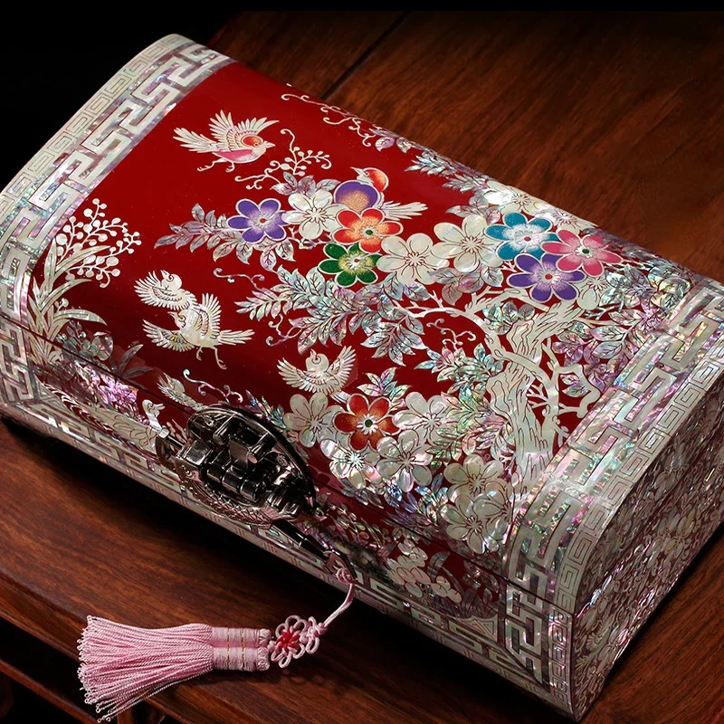 Chinese-style Lockable Solid Wood Storage Box Jewelry Box with Mother of Pearl Inlay, Best Gift for Wedding