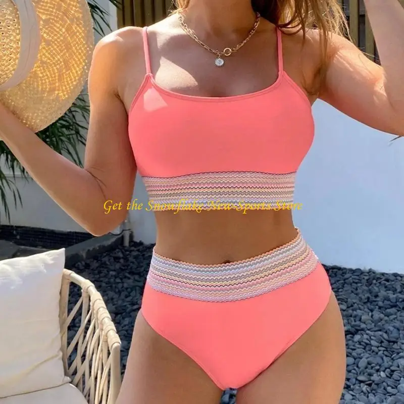 E56D สตรีเอวสูง Tummy Control บิกินี่ Crop Top ชุดว่ายน้ำบราซิลชุด 2 ชิ้นบล็อกสีชุดบิกินี่ชุดว่ายน้ำ