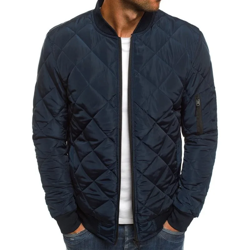 Mens Short Padded Jacket 2026 Winter Quilted Stand Collar Cotton Coat Diamond Lattice Casual Warm
