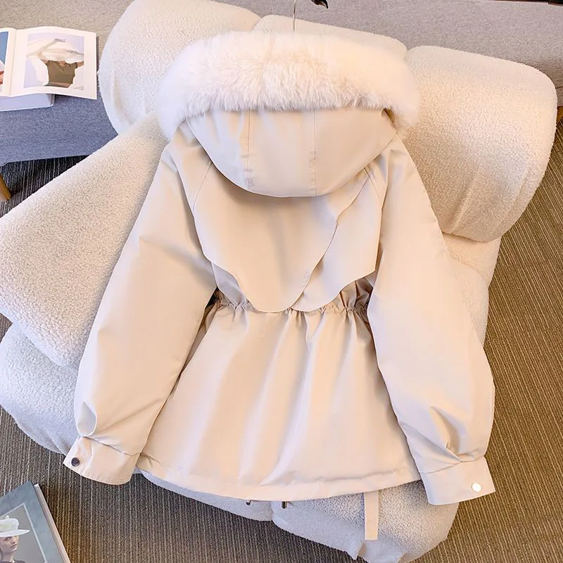 Chaqueta de invierno con cuello de piel para mujer, Parka de manga larga con capucha y cordón, abrigo grueso y cálido de lana para la nieve, novedad