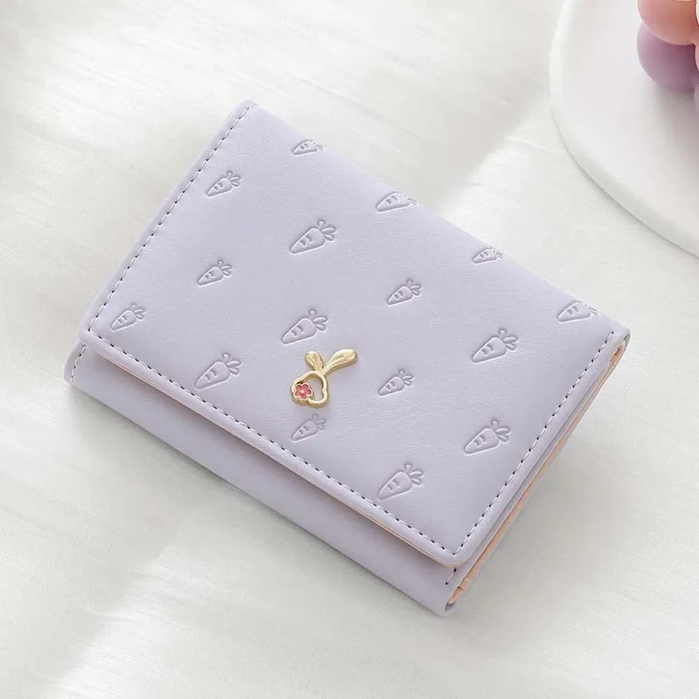 Tragbare Cartoon Kaninchen Geldbörsen Karotte Gedruckt Druckknopf Dame Kurze PU Brieftasche Wasserdichte Candy Farbe Dreifach Gefaltete Karte Tasche
