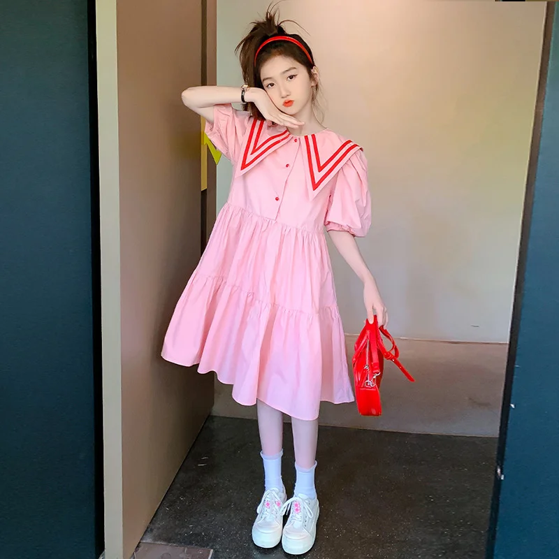Teens Girls Summer Dress Children Casual Sweet Turn-down Collar Gown Kids Pink Short Sleeves Vestidos New Princess Loose Dresses
