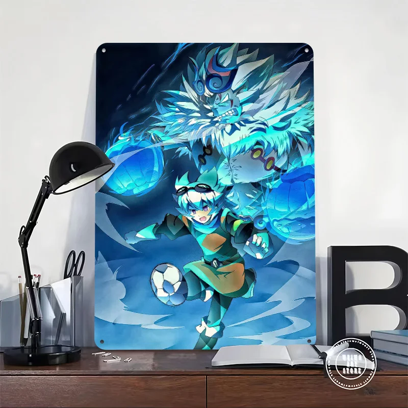 Anime Boy Playing Soccer With Spirit Printed Poster Customized Retro Wall Art Vintage Metal Tin Signs for Room Decoration Cozy