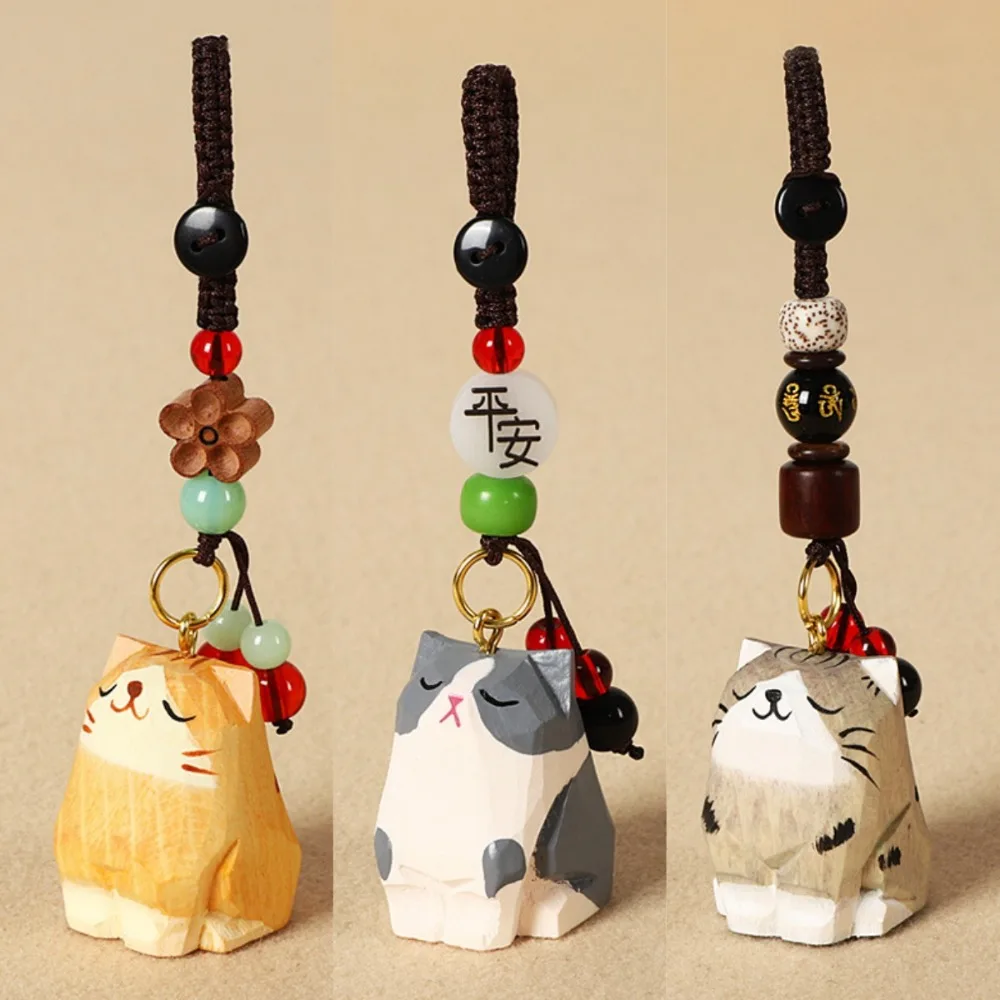 

Funny Flower Wooden Carved Cat Keychain Beads Weave Rope Wood Kitty Dolls Pendant Ornaments Cartoon Animal Car Keyring Students