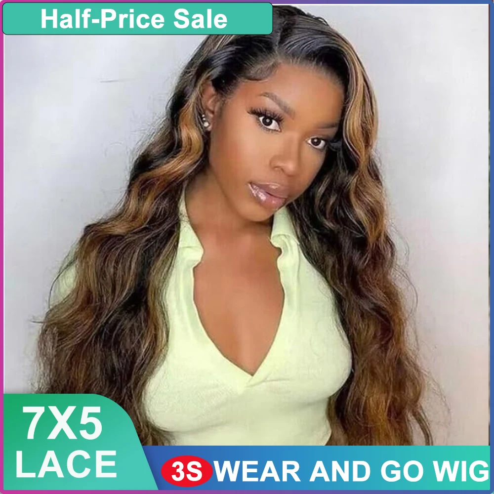 40Inch Glueless Wig Human Hair Ready To Wear 7x5 HD Lace Glueless Wigs with Bye Bye Knots Pre Plucked 1B/30 Color  Body Wave Wig