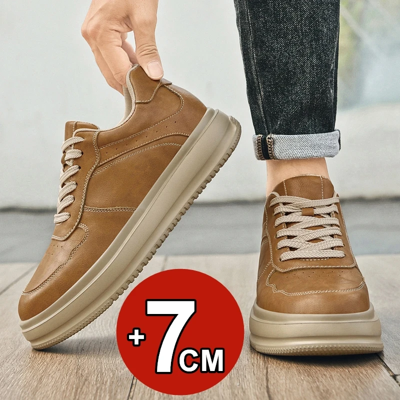 

7cm Elevator Sneakers Unisex Genuine Leather Height Increasing Shoes Breathable Comfortable Non-Slip Hidden Heel Casual Sports