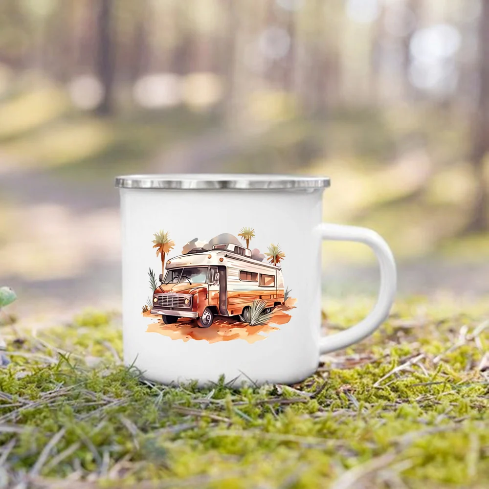 Adventure Day Caravan Printed Camper Mugs Camping Enamel Mug Campfire Party Beer Juice Cup Mountain Handle Cups Gifts for Camper