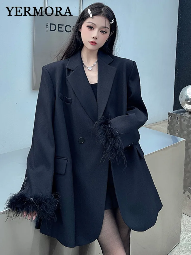 

YERMORA Black Fake Fur Cuff Casual Blazer For Women Lapel Long Sleeve Loose New Jacket Fashion Tide Spring Autumn 2025 A821