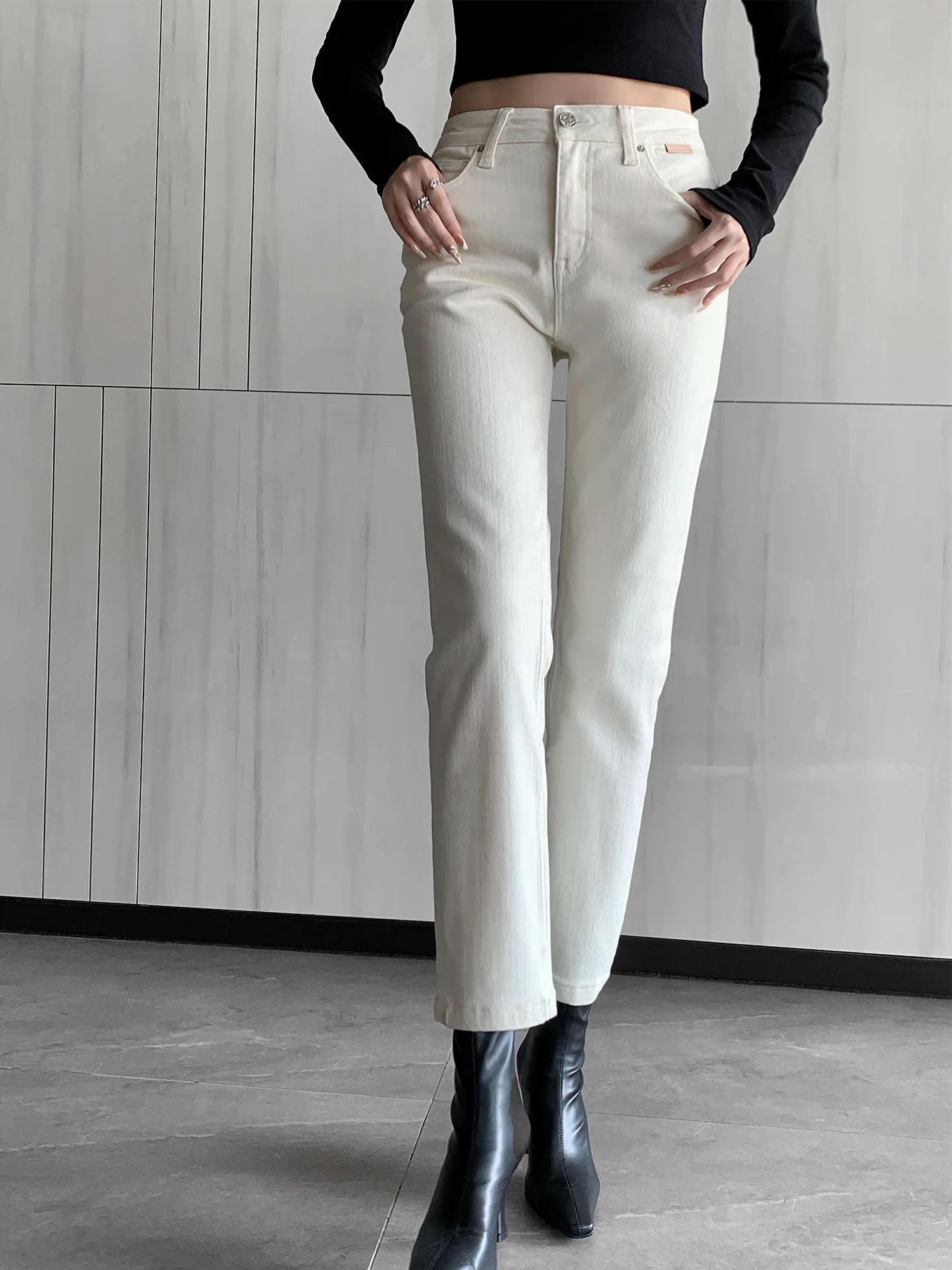 METHOD SLIM HIGH-WAISTED CASUAL WHITE JEANS NEW STYLE HIGH-END FASHION NINE FEMME STRAIGHT PANTS - FORGUNROSES