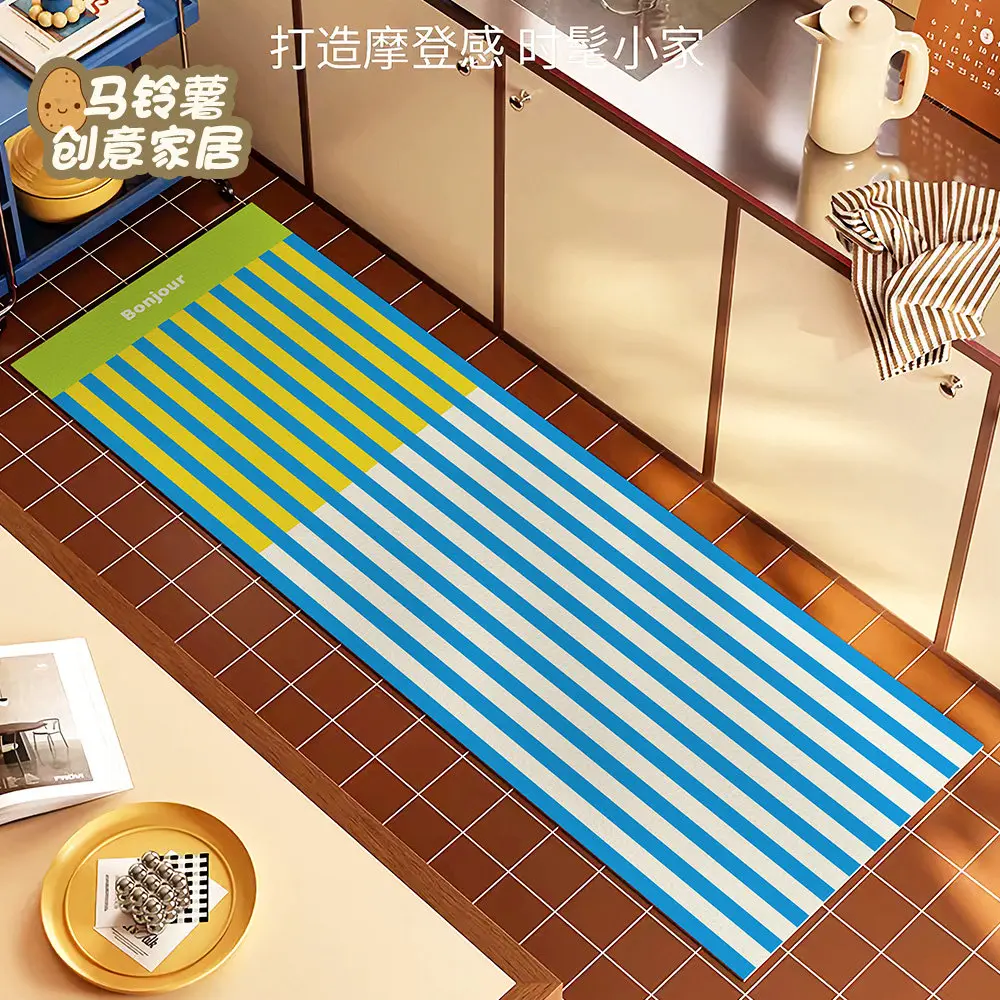 VIKAMA Red Yellow White Striped Kitchen Long Mat Diatom Mud Anti Slip Water Absorbent Washable Light Luxury Doormat