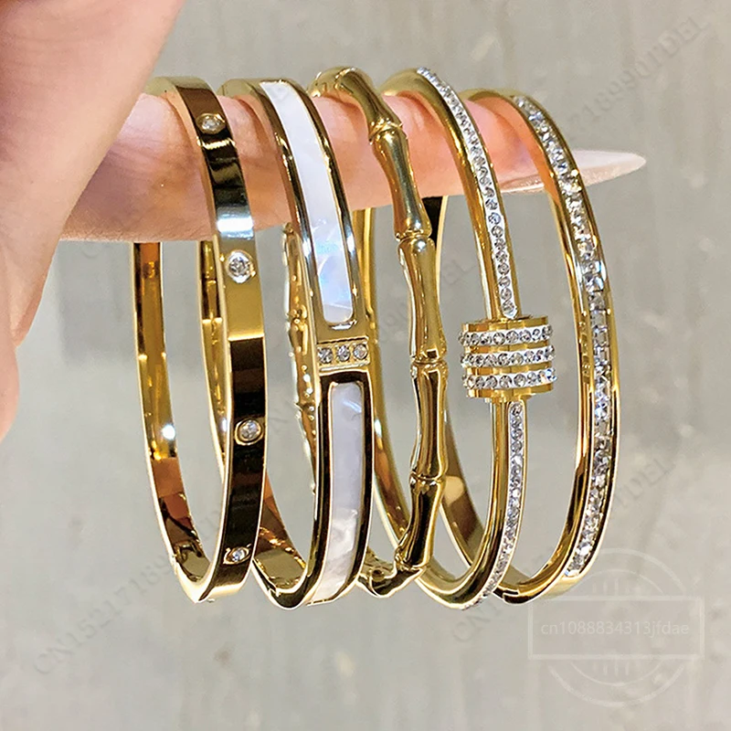 High-end Golden Titanium Steel Non-Fade Bracelet Female Plain Ring Zircon Bracelet Light Luxury Niche Bracelet