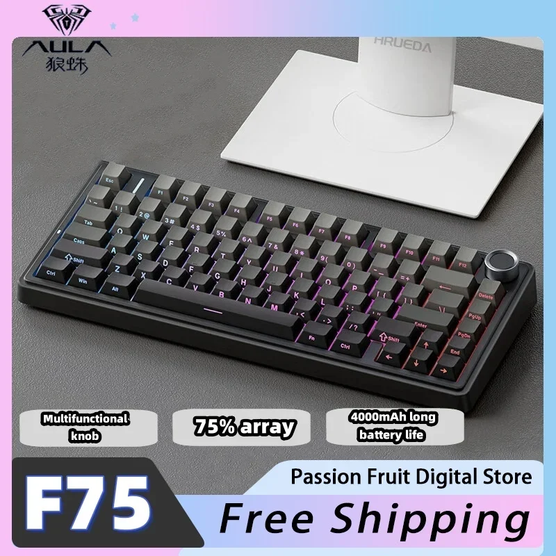 

AULA F75 three-mode mechanical keyboard multi-function knob full-key hot-swappable long-life computer gamer gaming keyboard