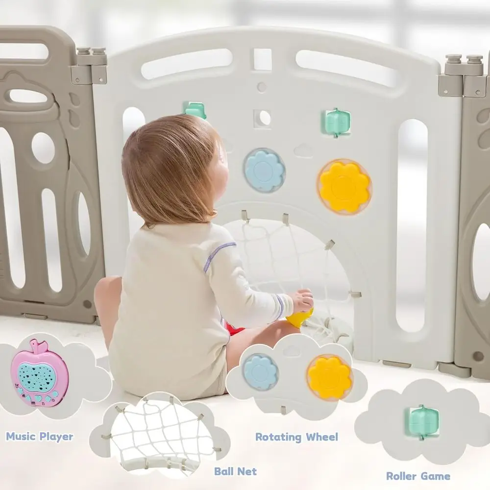 روضة بلاستيكية قابلة للطي مع 14 لوحة، باب قابل للقفل، مشغل موسيقى، شبكة كرة قدم، وتروس دوارة للأطفال الصغار #3