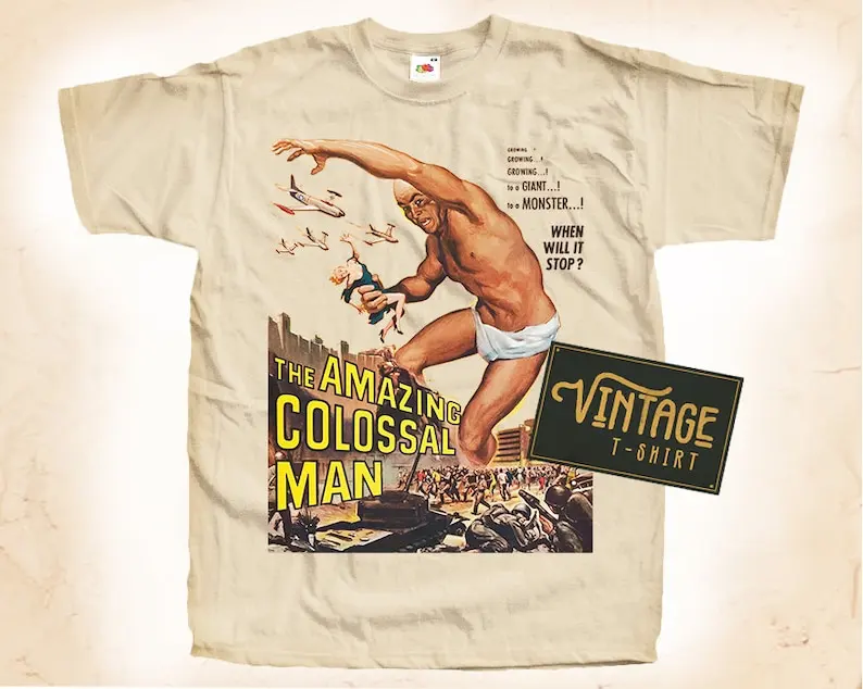 The Amazing Colossal Man T shirt Tee Natural Vintage Cotton Movie Poster Beige All Sizes