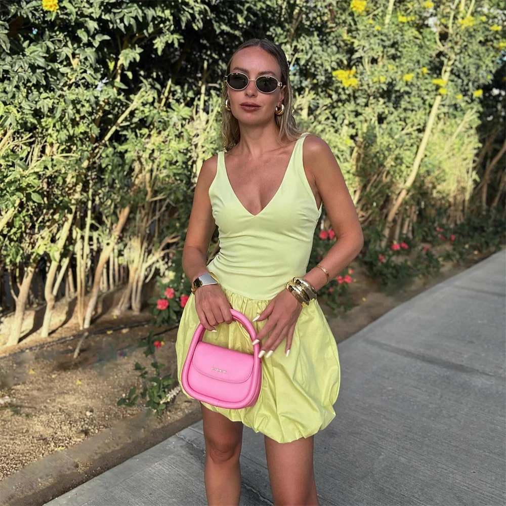 

European And American Style 2024 Summer Women's New Fashion Casual Versatile Temperament Balloon Hem Patchwork Short Dress
