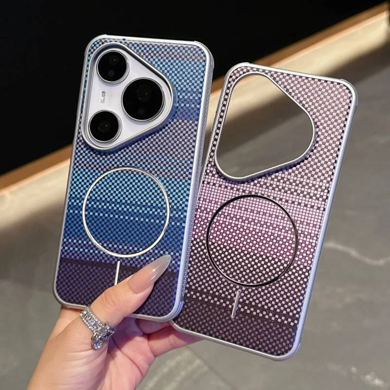 

For Huawei Pura 80 70 Pro Ultra Case Plated Carbon Fiber Pattern Magnetic Camera Lens Protection Soft TPU Cover