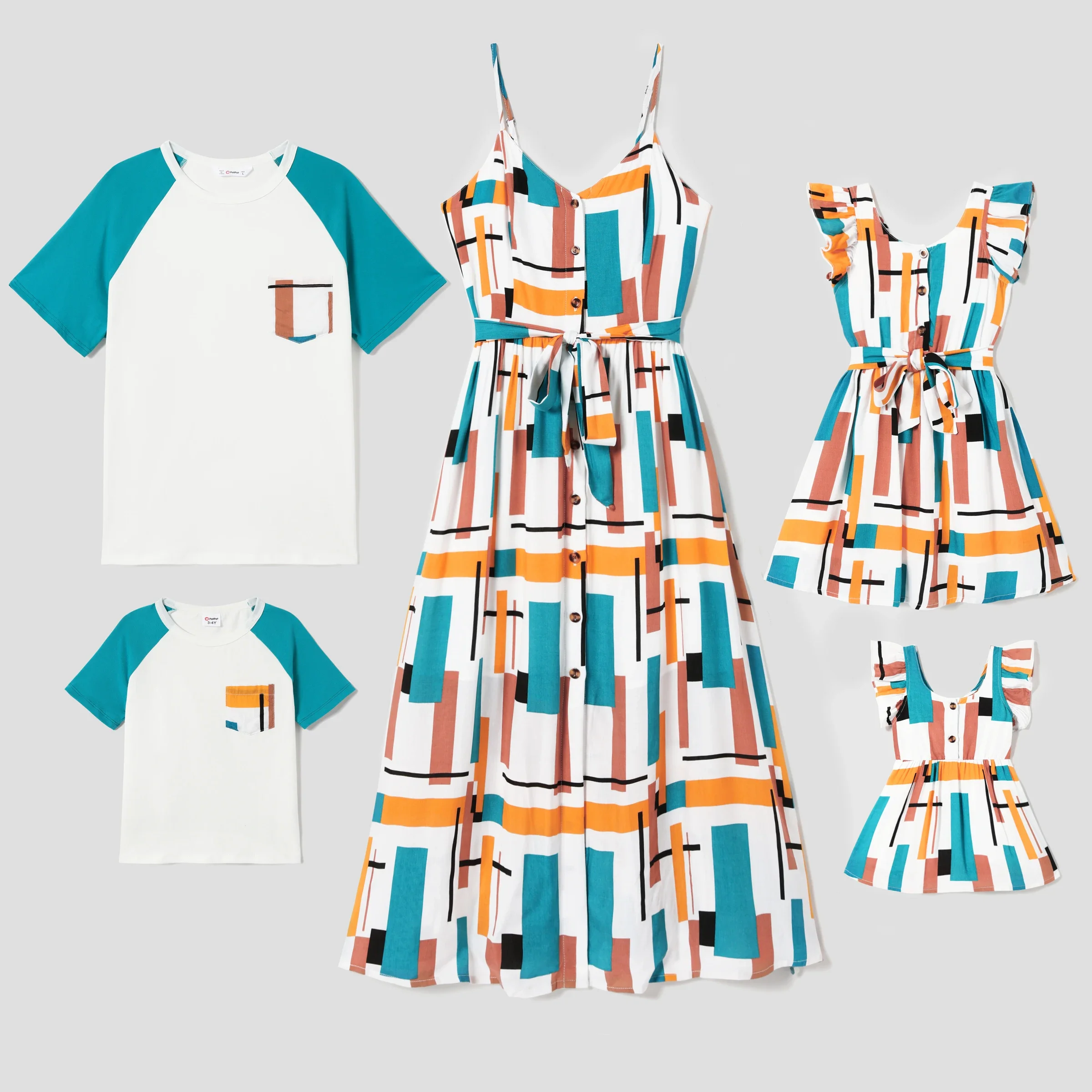 PatPat Family Matching Raglan Sleeves Tee and Geometric Pattern Button Strap Dress Sets Suitable for Summer Season