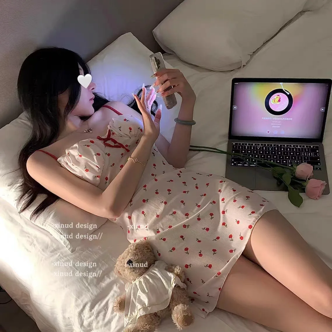 

Платье Pure Desire с цветочным принтом, вишневыми бретелями и пижама с принтом, свежая летняя одежда для сна для женщин, домашняя одежда в сказочном стиле