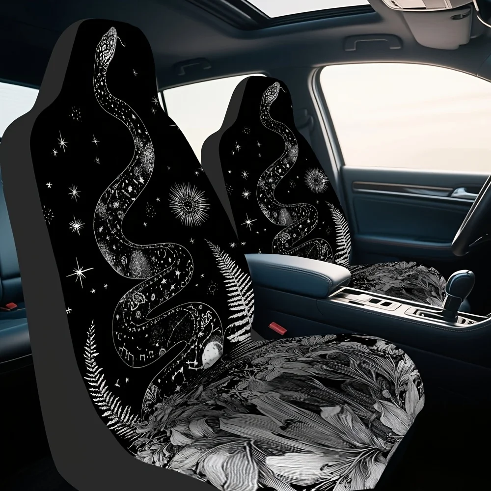 Set Of 2, Featuring A Black And White Snake Floral Design, These Universal Car Seat Covers Are Decorative And Washable Fabric, B