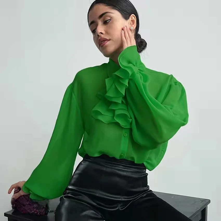 

Fashionable Chiffon See-through Ruffled Shirt Design Sensation Women's Collar Long Sleeve Slim Fit Pure Color Office Style